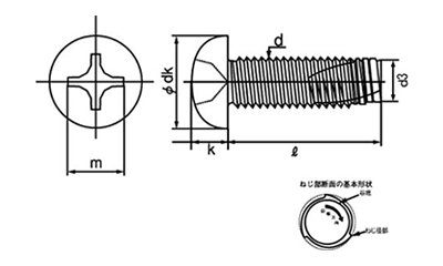 鉄 エバタイト(+)ナベ 頭(ヤマシナ製)の寸法図