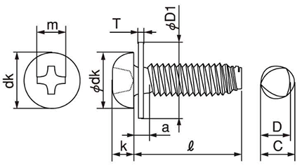 鉄 サンコータイト(+)Sタイプ ナベ頭 PK＝1(JIS小形 平座 組込)の寸法図