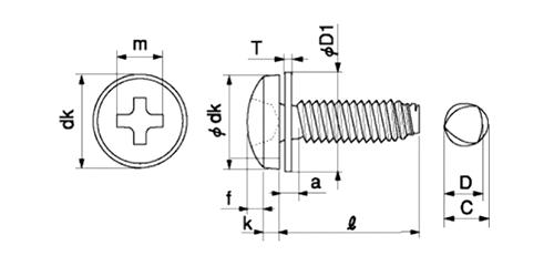 鉄 サンコータイト(+)Sタイプ バインド頭 P＝1 (JIS平座 組込)の寸法図