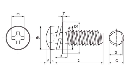 鉄 サンコータイト(+)Sタイプ バインド頭 P＝3 (バネ座+JIS平座 組込)の寸法図