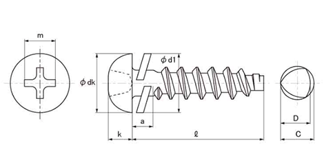 鉄 サンコータイト(+)Bタイプ ナベ頭 P＝2 (バネ座組込)の寸法図