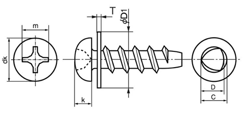 鉄 サンコータイト(+)Pタイプ ナベ頭 P＝1(JIS平座 組込)(樹脂用ねじ)の寸法図