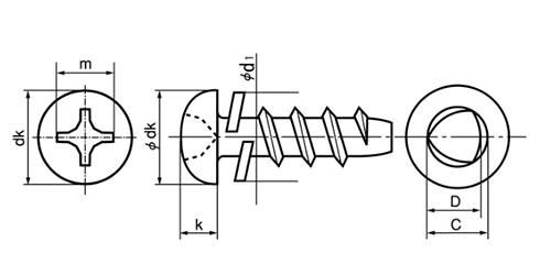 鉄 サンコータイト(+)Pタイプ ナベ頭 P＝2 (バネ座組込)(樹脂用ねじ)の寸法図