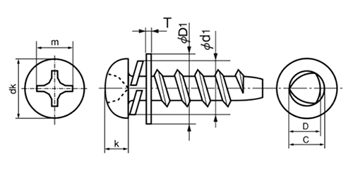 鉄 サンコータイト(+)Pタイプ ナベ頭 P＝4 (バネ座+JIS小形平座 組込)(樹脂用ねじ)の寸法図