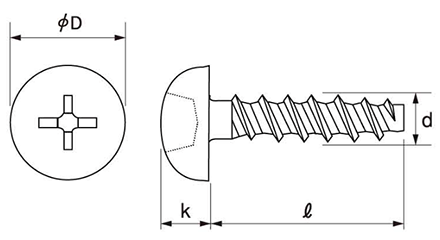鉄(+)PTスクリュー(1412-H2)なべ頭 (樹脂用ねじ)の寸法図