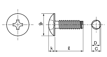 ステンレス SUSXM7 サンコータイト(+)Sタイプ トラス頭の寸法図