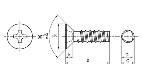 ステンレス SUSXM7 サンコータイト(+)Bタイプ 皿頭の寸法図