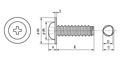 ステンレス SUSXM7 サンコータイト(+)Bタイプ ナベワッシャーヘッド頭の寸法図