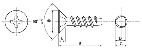 ステンレス SUSXM7 サンコータイト(+)Pタイプ 皿頭 (樹脂用ねじ)の寸法図