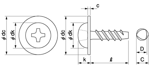 ステンレス SUSXM7 サンコータイト(+)Pタイプ ナベワッシャーヘッド頭 (樹脂用ねじ)の寸法図