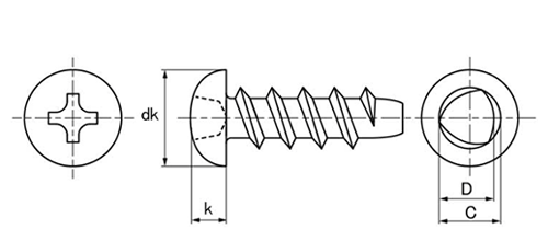 ステンレス SUS410 サンコータイト(+)Pタイプ ナベ頭 (樹脂用ねじ)の寸法図