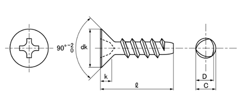 ステンレス SUS410 (+)Pタイプ 皿頭 (樹脂用ねじ)の寸法図