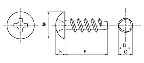 ステンレス SUS410 (+)Pタイプ トラス頭 (樹脂用ねじ)の寸法図