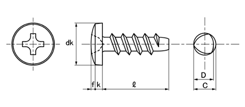 ステンレス SUS410 (+)Pタイプ バインド頭 (樹脂用ねじ)の寸法図