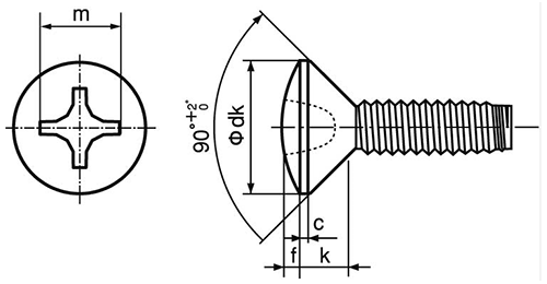 ステンレス SUS410 サンロック(+)丸皿頭の寸法図