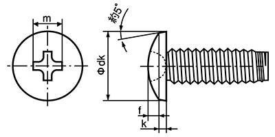 ステンレス SUS410 サンロック(+)バインド頭の寸法図