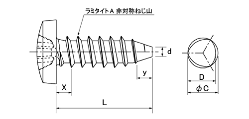 ステンレス SUS410(+)ラミタイト バインド頭 タッピンねじ(1種 A形)の寸法図