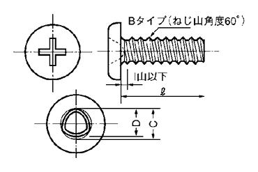 鉄(+)0番-1種 Bタイプ ナベ頭の寸法図