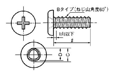 鉄(+)0番-3種 Bタイプ ナベ頭の寸法図
