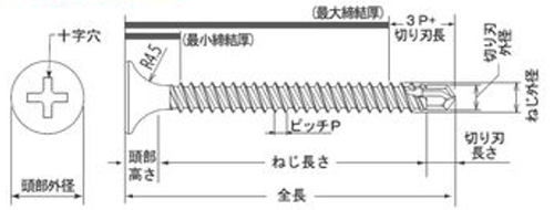 鉄 MBテクス Wリード 皿頭フレキ (WLF)(ケイカル板/合板)(JPF品)の寸法図