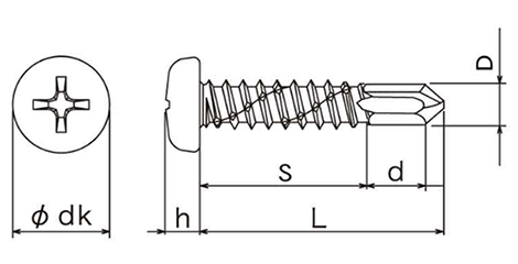 鉄 ピアス PAN(なべ頭)長ドリルの寸法図