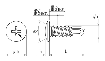鉄 ピアス ウスト/小頭(トラス頭・薄頭 H＝1.5)の寸法図
