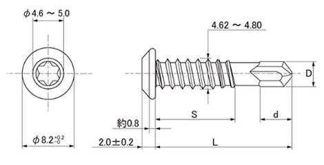 鉄 SH用 ピアスドリルビス (DNW)(20μ三価メッキ)(ダイヤリセス)の寸法図