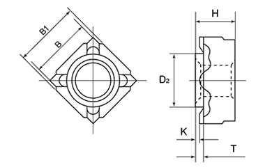 鉄 パイロナット(パイロット付き 四角溶接ナット)の寸法図