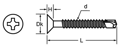 鉄 コードレックス FRXドリルネジ 皿頭(四角穴十字穴兼用)(ビット2本付)の寸法図