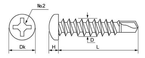 鉄 コードレックス FRXドリルネジ なべ頭 (四角穴兼用ビット)(NO.2)(ミヤガワ製)の寸法図