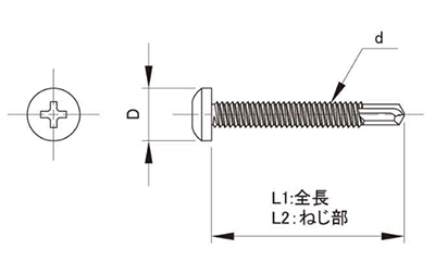 鉄 ダンバ ナベ頭 ドリル付きビス(若井製)の寸法図