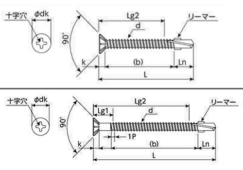 鉄 ドリルスクリューFLAT-R(皿頭)(リーマ付)(サンコーテクノ)の寸法図