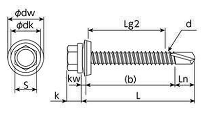 鉄シールスクリュー(SH-WS(六角頭(鉄ドリル+ドブ座金+防水パッキン)(サンコーテクノ)の寸法図
