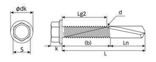 鉄 ドリルスクリューHEXL-P(六角頭)(厚鋼用)(パック入)(サンコーテクノ)の寸法図
