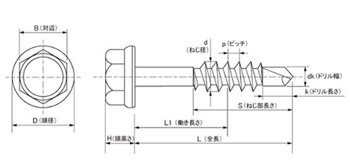 鉄 ジャックポイント HEX(六角頭)(半ねじ)(ヤマヒロ製)の寸法図