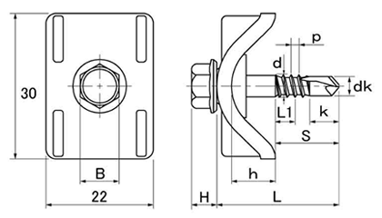 鉄 ジャックポイント プラザHEX25 (ストッパー付)(ポリカ波板用)(ヤマヒロ品)の寸法図