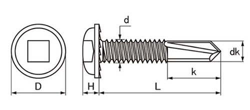 鉄 エースポイント ロング(パンワッシャー頭)(四角ビット)(H鋼、厚鉄板用)の寸法図