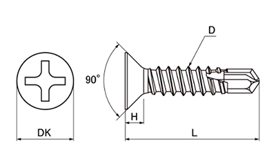 ステンレス SUS305 FRXドリルネジ 皿頭 小頭(頭径D＝6) アルミ専用 (ミヤガワ製)の寸法図