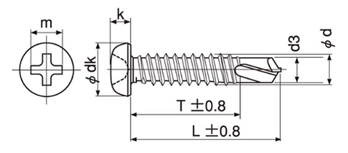 ステンレス SUS410 テクス(ミーリング刃)PAN(なべ頭)の寸法図