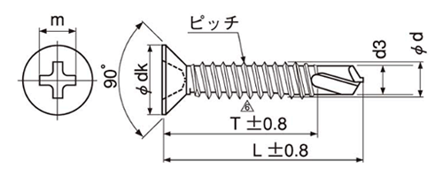 ステンレス SUS410 テクス(ミーリング刃) 皿頭 (JPF品)の寸法図