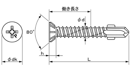 ステンレス SUS410 リーマピアス 皿頭(リーマフレキ付)の寸法図