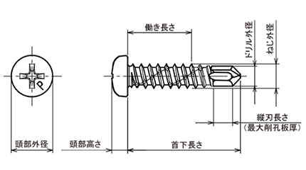 ステンレス SUS410 ピアスPAN(なべ頭)小頭(D＝7)(細目)の寸法図