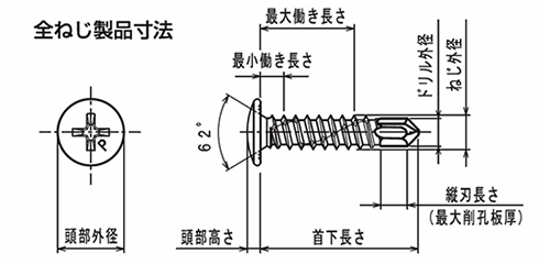 ステンレス SUS410 ピアス ウスト 細目・小頭(トラス頭・薄頭 H＝1.5)の寸法図