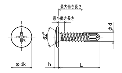 ステンレス SUS410 ピアス ウスト(トラス頭・薄頭 H＝1.5)ブリスタ入の寸法図