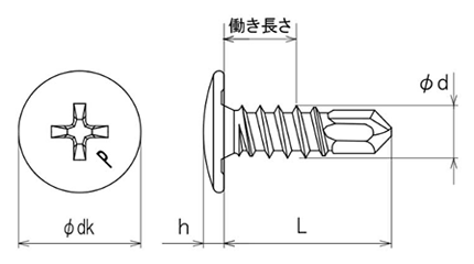 ステンレス SUS410 ピアス ウスト 細目(トラス頭・薄頭 H＝1.5) ブリスタ入の寸法図