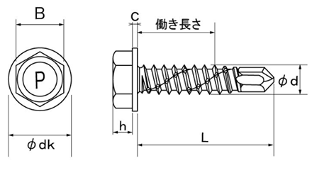 ステンレス SUS410 鬼刃ピアスHEX(六角頭)(パック入り)(SUS板厚3.0迄)の寸法図