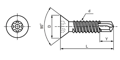 ステンレス SUS410 ピアスTRXタンパ- 皿頭 小頭(頭径D＝6)の寸法図