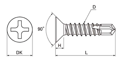 ステンレス SUS410 FRXドリルネジ 皿頭 小頭(頭径D＝6)(粗目)(ミヤガワ製)の寸法図