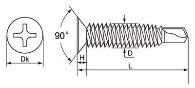 ステンレス SUS410 FRXドリルネジ皿頭 小頭(頭径D＝6)(細目)(ミヤガワ製)の寸法図