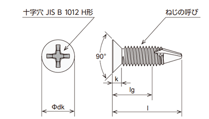 ステンレス SUS410 ステッチャードリルネジ 小頭(頭径D＝6)(細目・薄板用)(ミヤガワ製)の寸法図